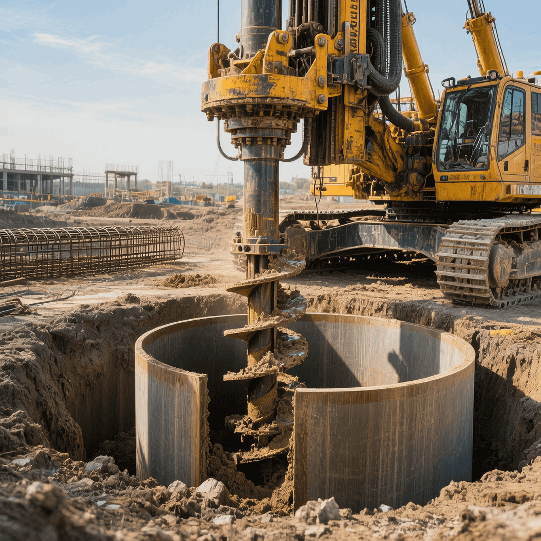 Drilling rig with Kelly bar installing a pile with casing pipe protection