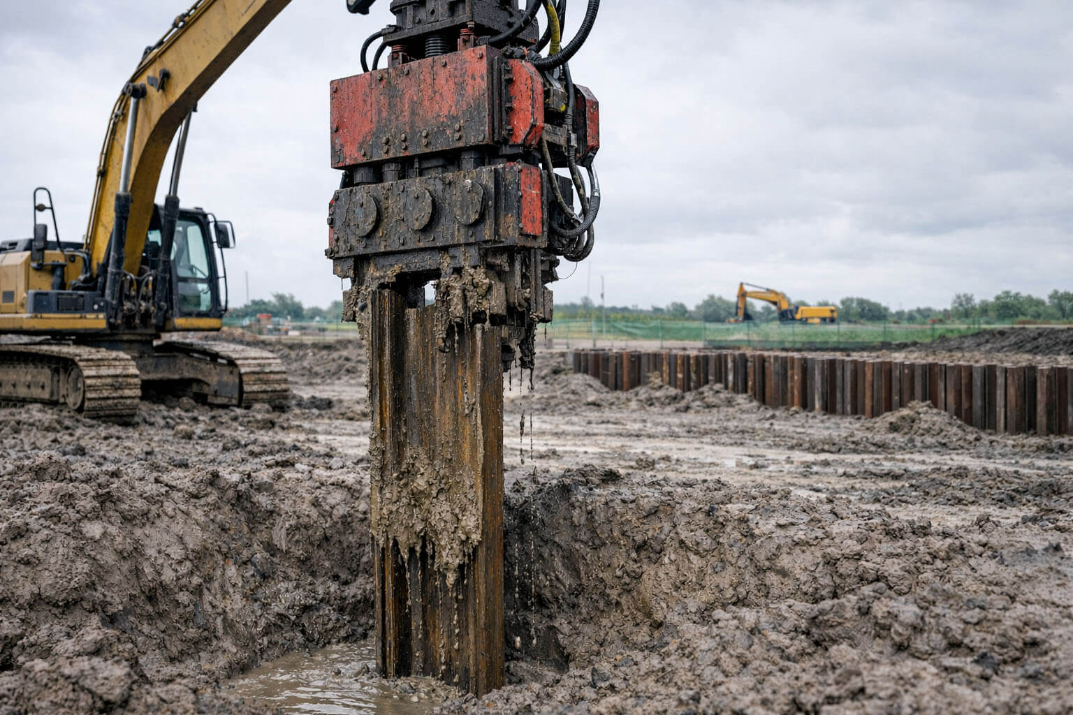 Sheet Pile Extraction at Construction Site