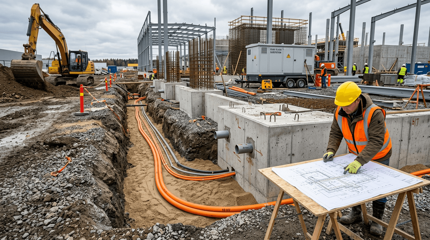 Installation of electrical networks and cable lines at a construction site