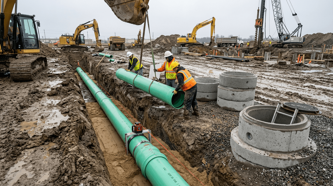 Laying of external sewage with pipelines and manholes